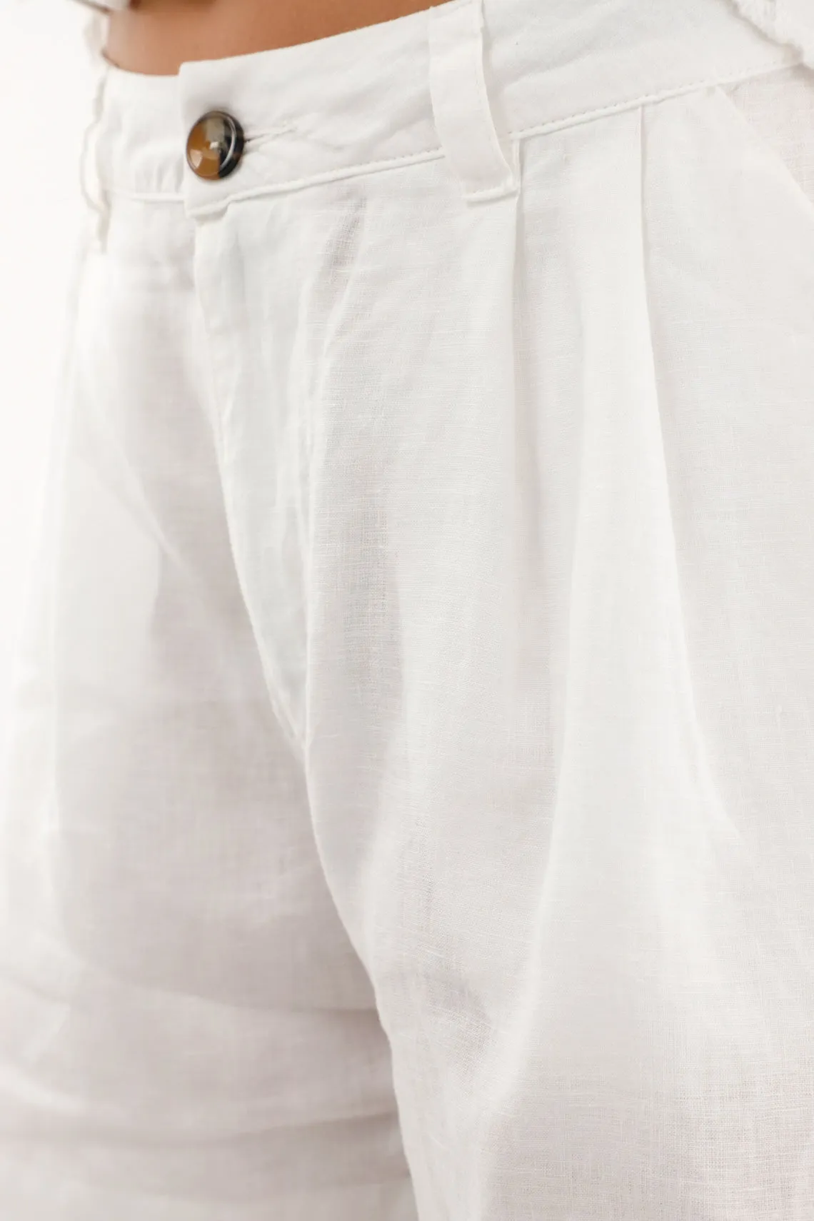 Bermuda blanca tiro alto en 100% lino para mujer
