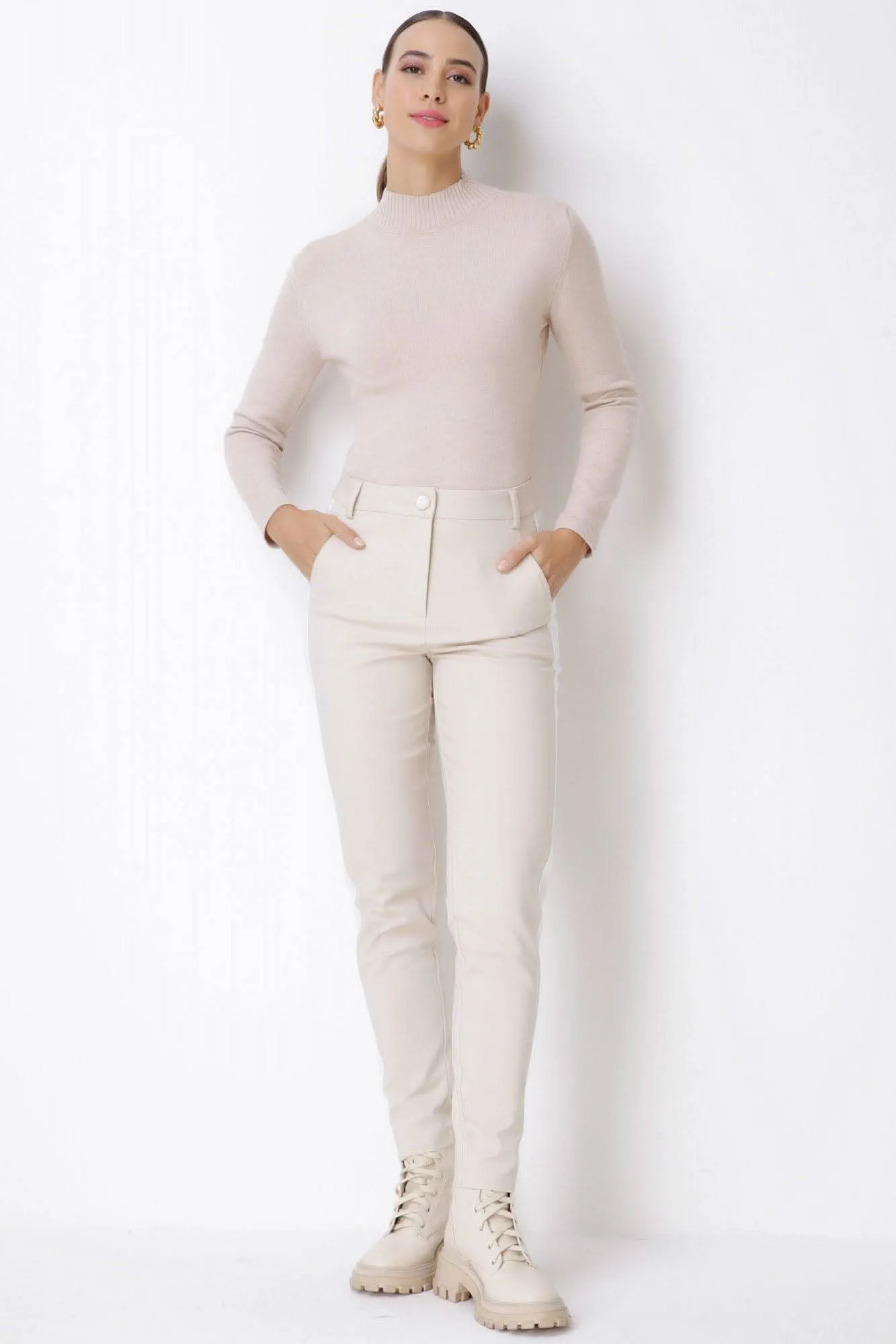 Blusa de Tricot Gola Alta Bege Seiki