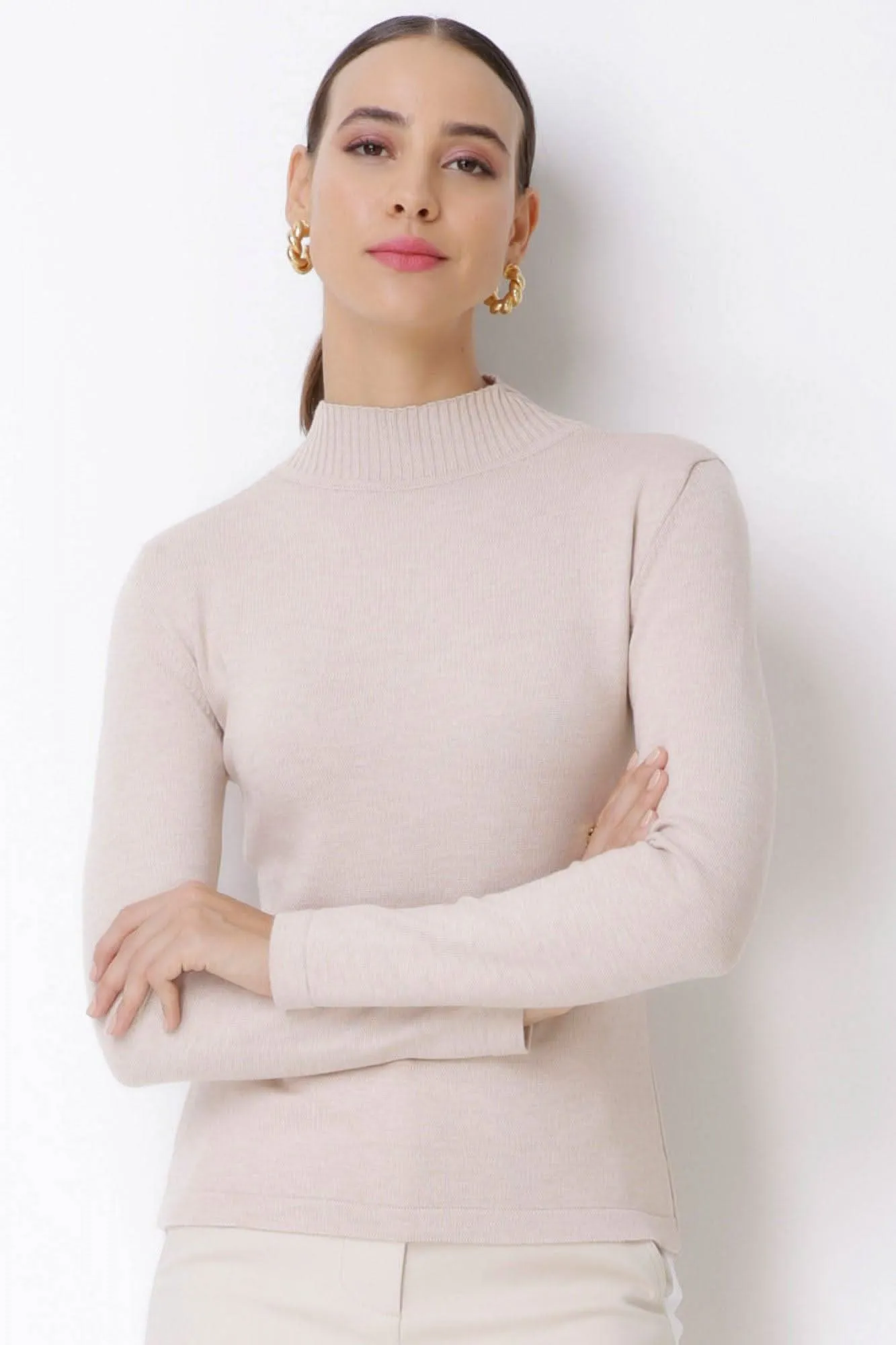 Blusa de Tricot Gola Alta Bege Seiki