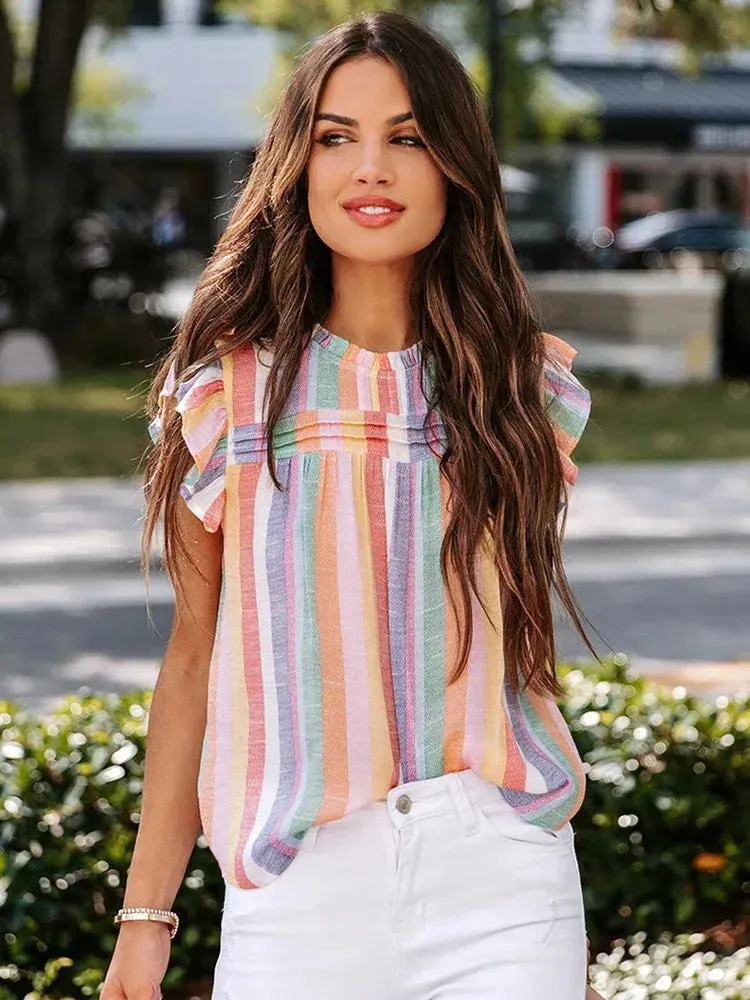 Blusa Luma Multicolorida Listrada com Babados, Elegância e Estilo Casual