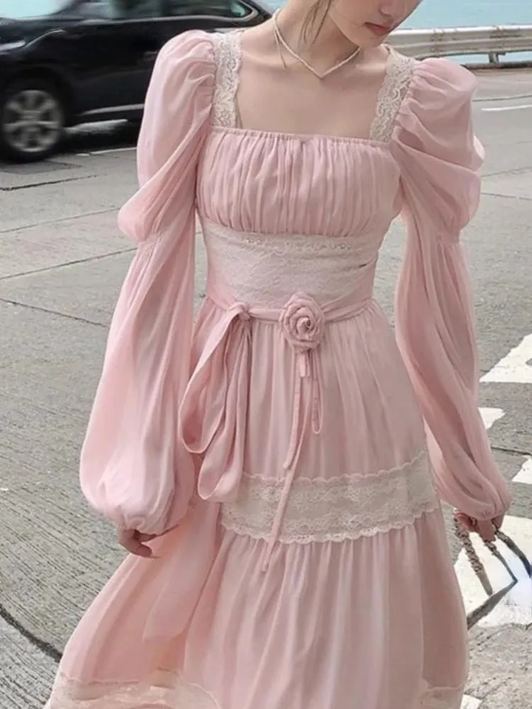 Girlary French Elegant Lace Midi Dress Korean Fashion Solid A-line Beach Vestidos Women Casual Slim Evening Party Clothing Mujers Robe
