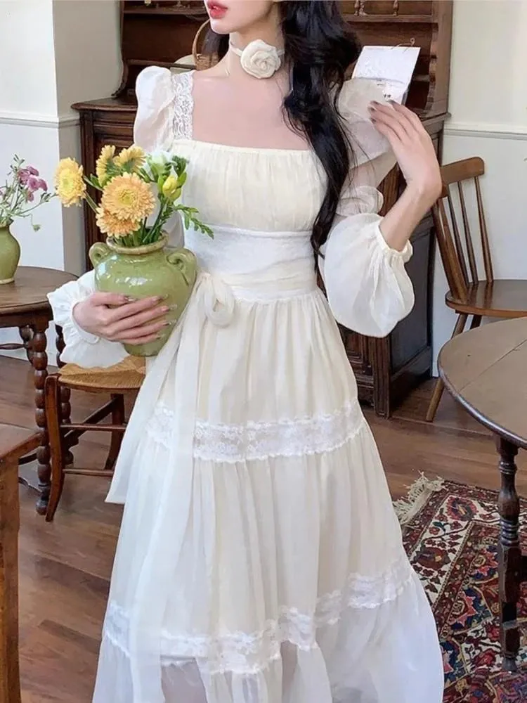 Girlary French Elegant Lace Midi Dress Korean Fashion Solid A-line Beach Vestidos Women Casual Slim Evening Party Clothing Mujers Robe