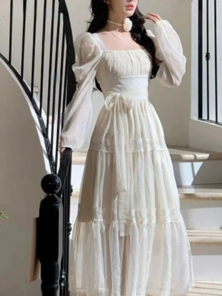 Girlary French Elegant Lace Midi Dress Korean Fashion Solid A-line Beach Vestidos Women Casual Slim Evening Party Clothing Mujers Robe