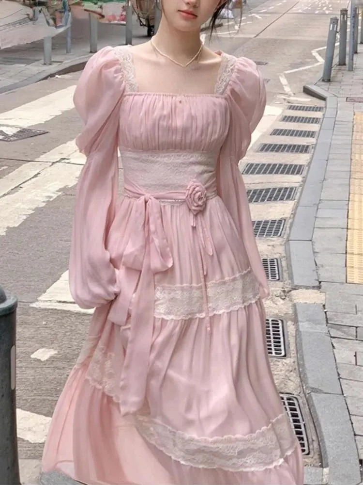 Girlary French Elegant Lace Midi Dress Korean Fashion Solid A-line Beach Vestidos Women Casual Slim Evening Party Clothing Mujers Robe