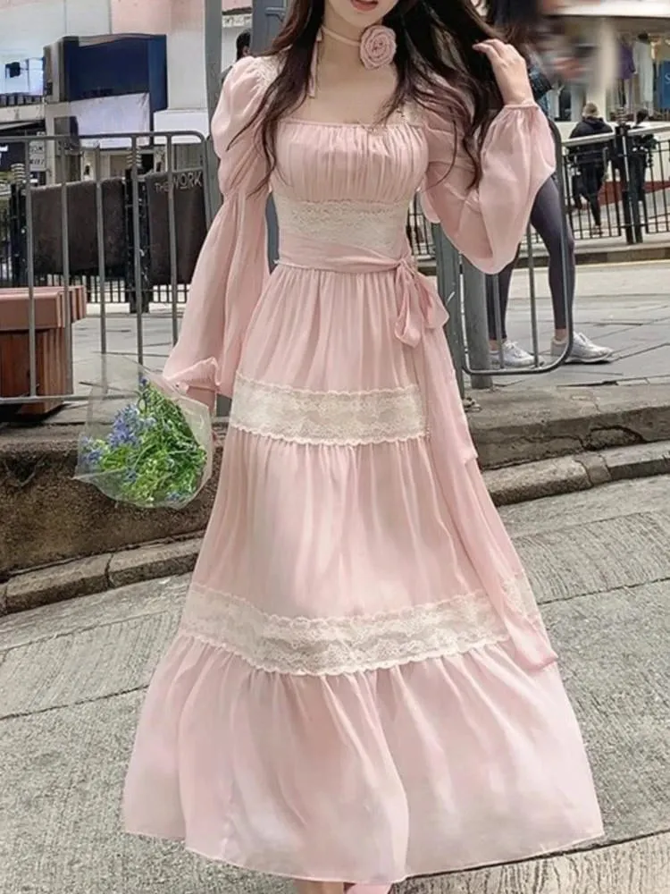 Girlary French Elegant Lace Midi Dress Korean Fashion Solid A-line Beach Vestidos Women Casual Slim Evening Party Clothing Mujers Robe