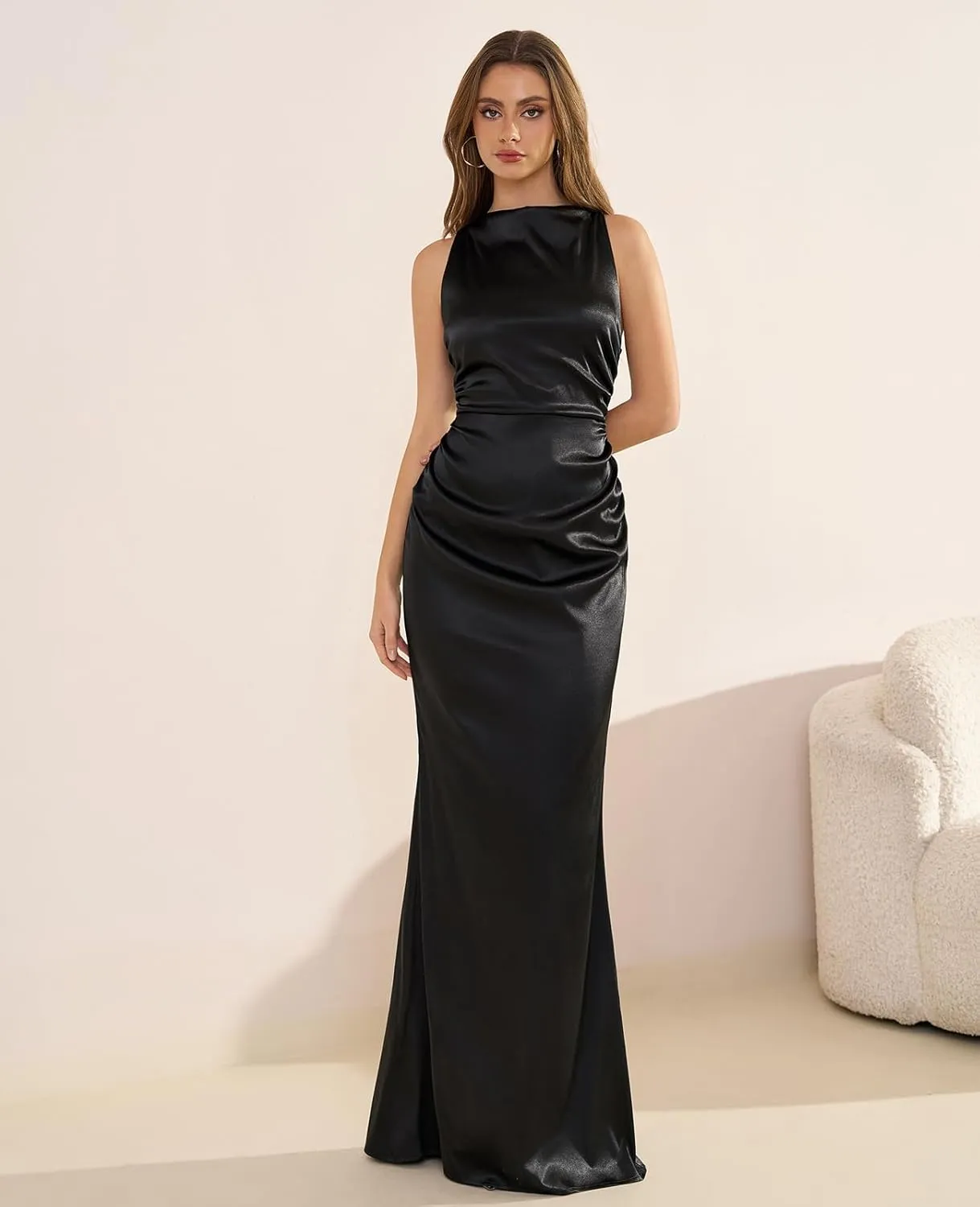 GLNEGE Women's Satin Mock Neck Maxi Formal Dresses Elegant Sleeveless Backless Wedding Guest Evening Party Dress