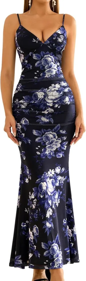 GLNEGE Women's Summer Floral Bodycon Maxi Dress Elegant Spaghetti Strap V Neck Sleeveless Formal Wedding Guest Dresses