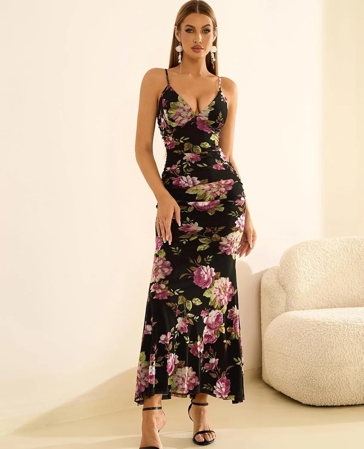 GLNEGE Women's Summer Floral Bodycon Maxi Dress Elegant Spaghetti Strap V Neck Sleeveless Formal Wedding Guest Dresses