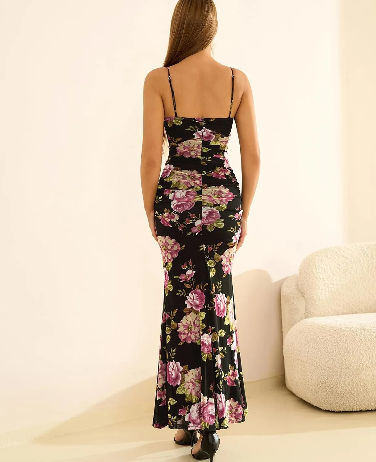 GLNEGE Women's Summer Floral Bodycon Maxi Dress Elegant Spaghetti Strap V Neck Sleeveless Formal Wedding Guest Dresses