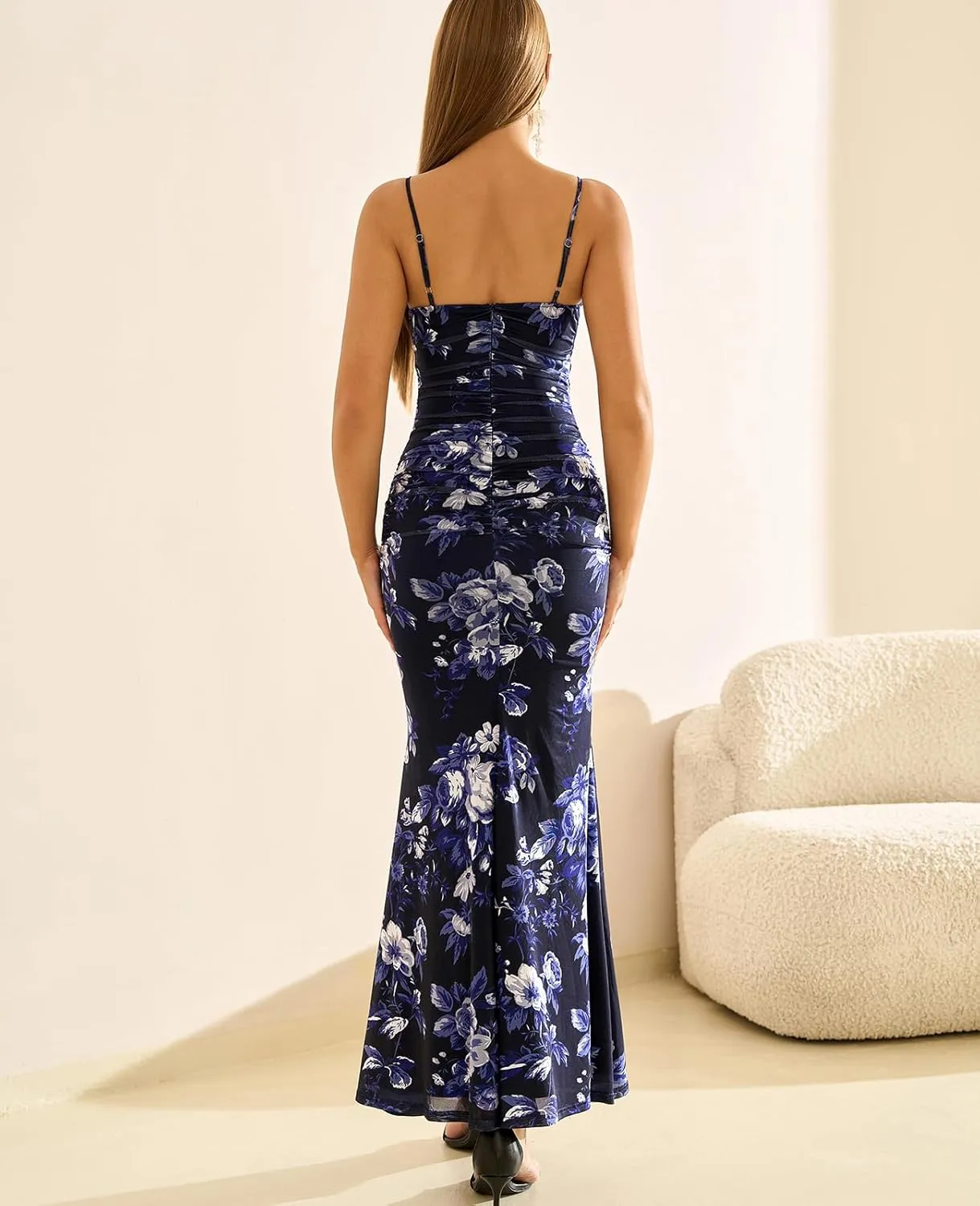 GLNEGE Women's Summer Floral Bodycon Maxi Dress Elegant Spaghetti Strap V Neck Sleeveless Formal Wedding Guest Dresses