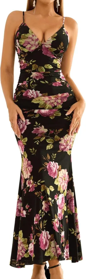 GLNEGE Women's Summer Floral Bodycon Maxi Dress Elegant Spaghetti Strap V Neck Sleeveless Formal Wedding Guest Dresses