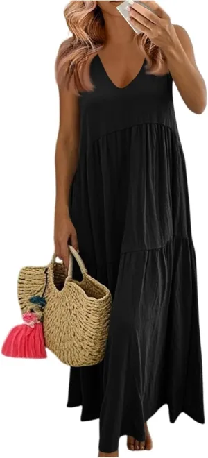 Linen Dresses for Women 2025 Summer Plus Size Casual Dresses Sleeveless V Neck Beach Flowy Long Dress with Pockets
