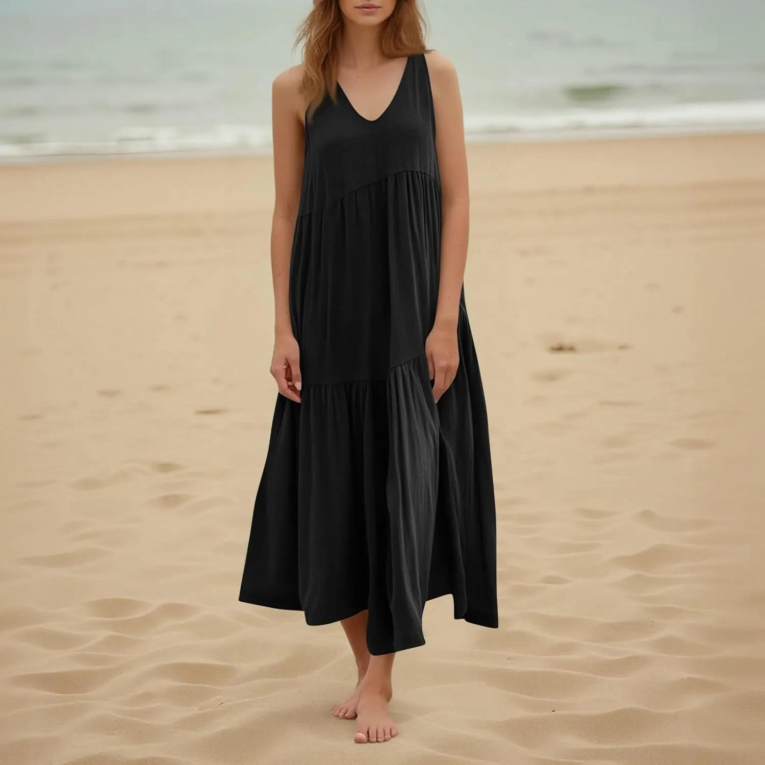 Linen Dresses for Women 2025 Summer Plus Size Casual Dresses Sleeveless V Neck Beach Flowy Long Dress with Pockets