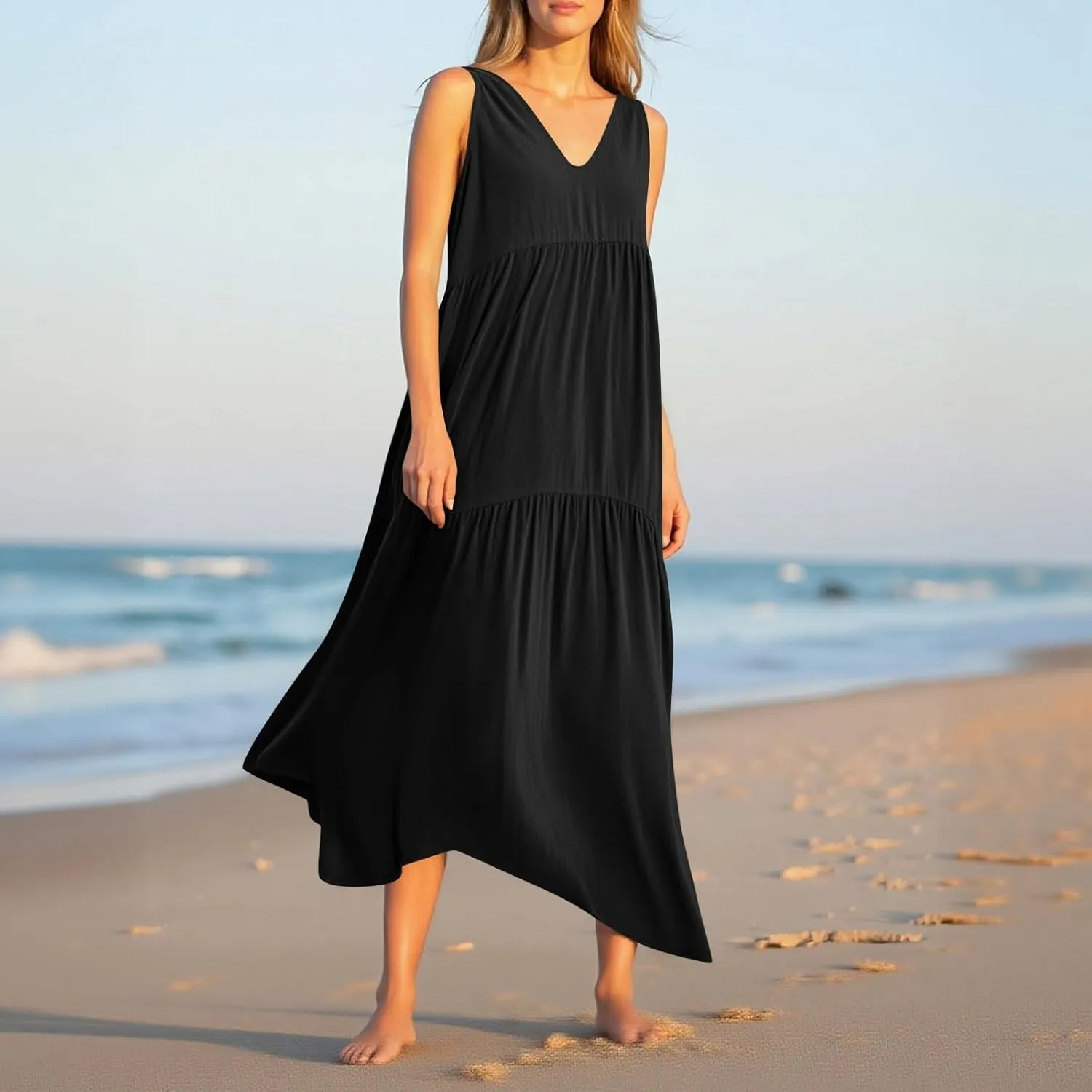 Linen Dresses for Women 2025 Summer Plus Size Casual Dresses Sleeveless V Neck Beach Flowy Long Dress with Pockets