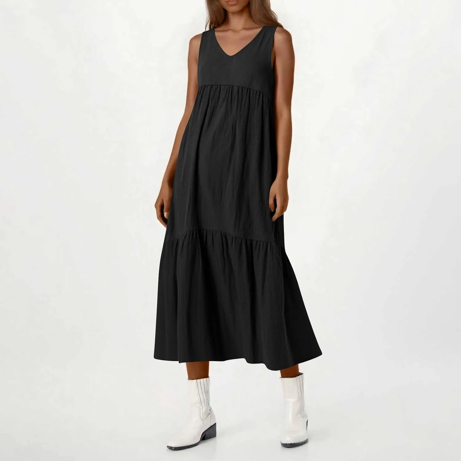 Linen Dresses for Women 2025 Summer Plus Size Casual Dresses Sleeveless V Neck Beach Flowy Long Dress with Pockets