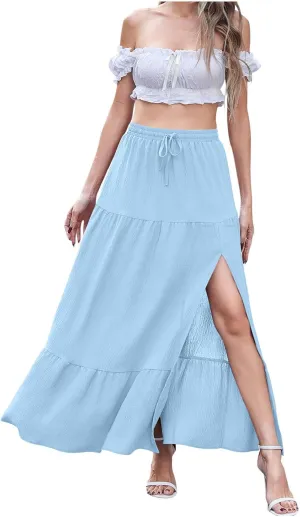 Long Split Skirt for Women Cotton Boho Maxi Elastic Waist Skirts Vacation Tiered Puffle Swing A Line Chiffon Skirt