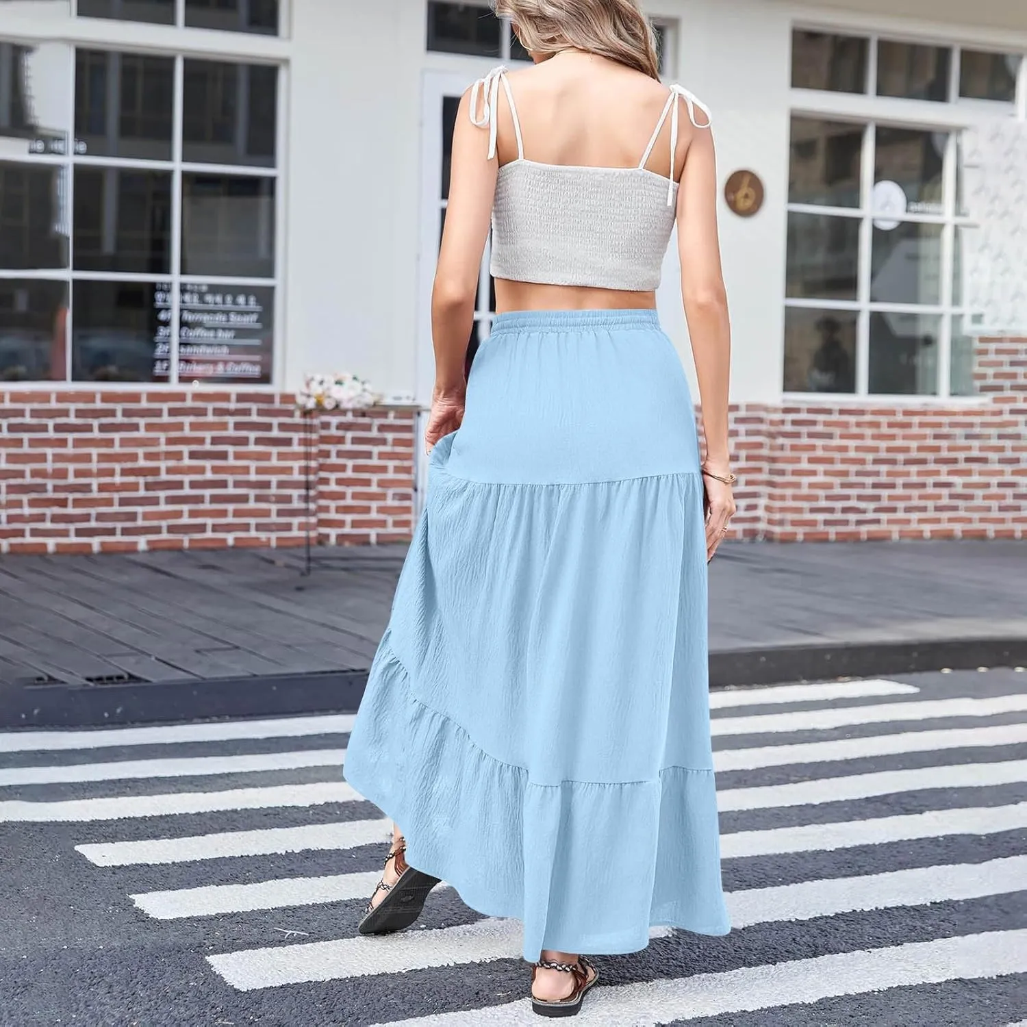 Long Split Skirt for Women Cotton Boho Maxi Elastic Waist Skirts Vacation Tiered Puffle Swing A Line Chiffon Skirt