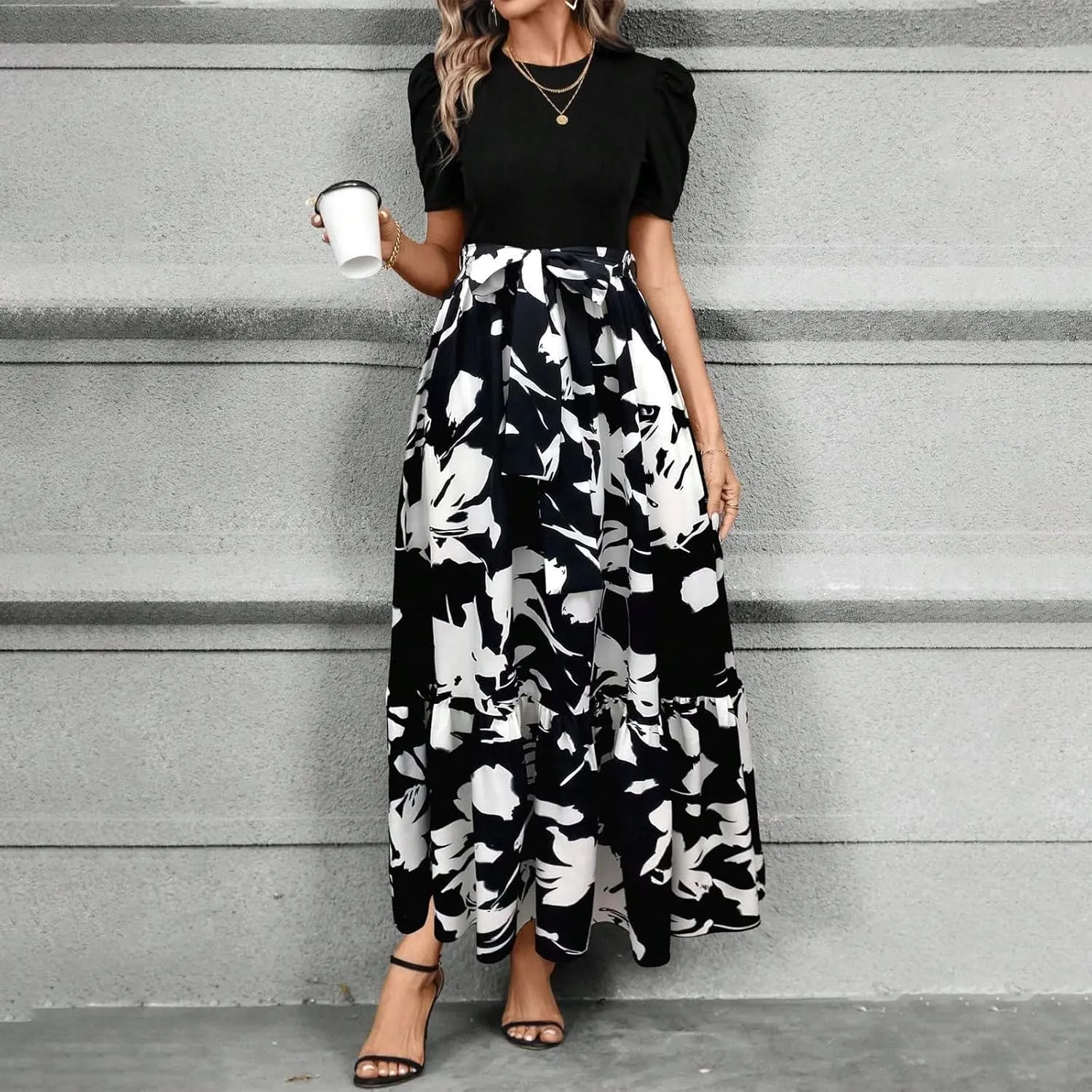 Maxi Dresses for Women 2025 Puff Sleeve Empire Waist Belted Patchwork Floral Dress A Line Long Flowy Work Dresses