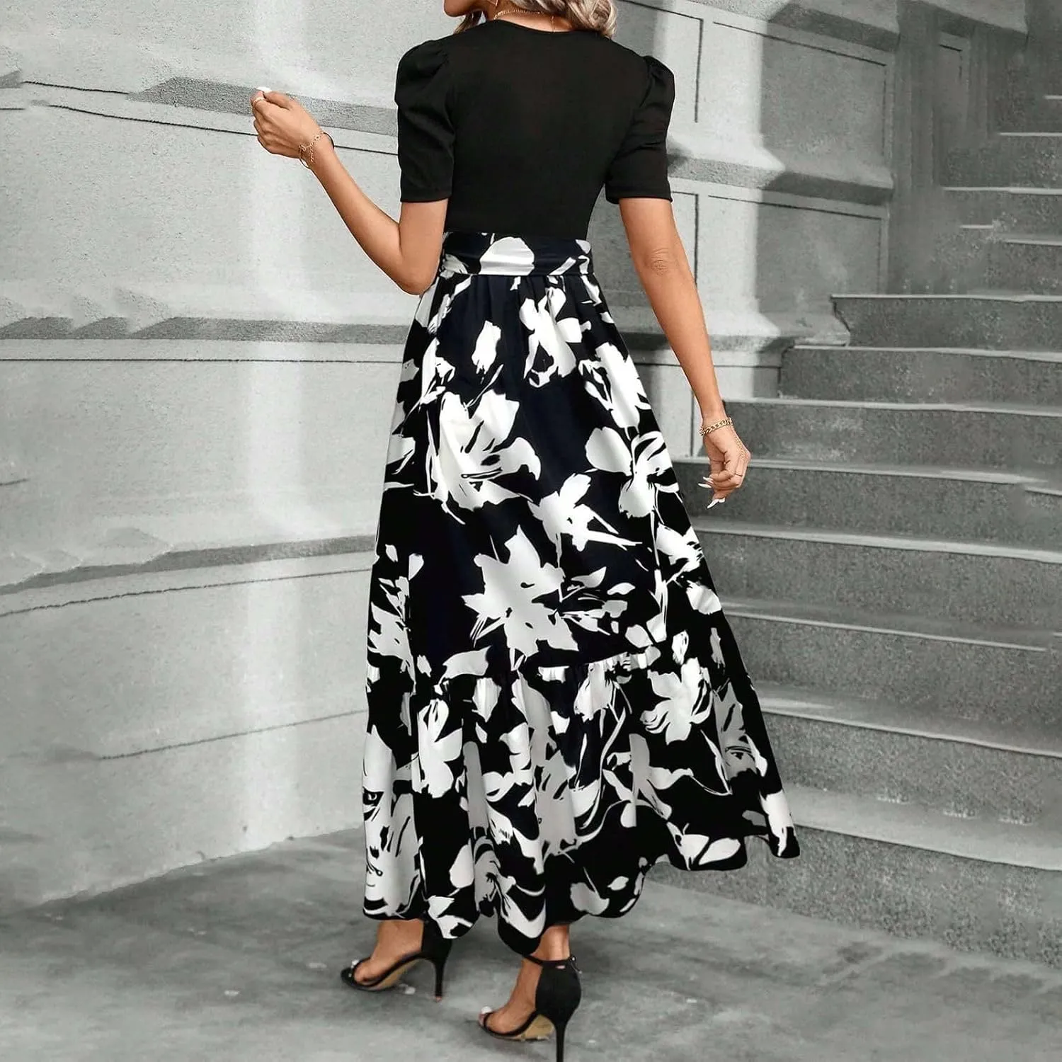 Maxi Dresses for Women 2025 Puff Sleeve Empire Waist Belted Patchwork Floral Dress A Line Long Flowy Work Dresses