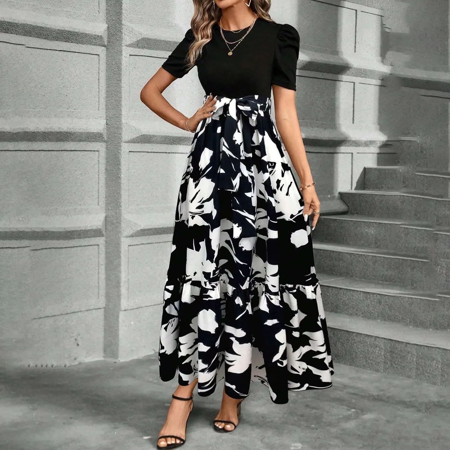 Maxi Dresses for Women 2025 Puff Sleeve Empire Waist Belted Patchwork Floral Dress A Line Long Flowy Work Dresses