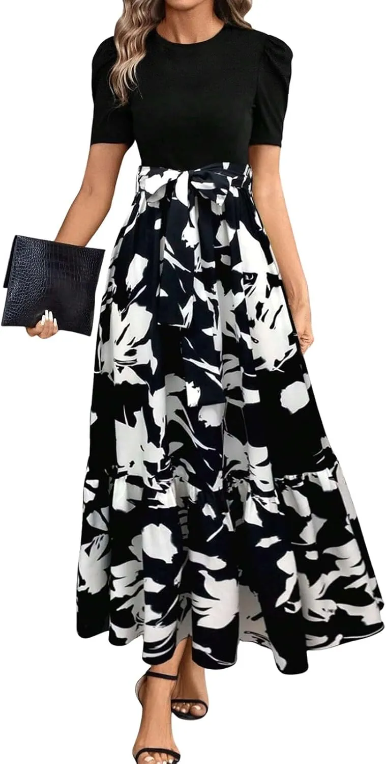 Maxi Dresses for Women 2025 Puff Sleeve Empire Waist Belted Patchwork Floral Dress A Line Long Flowy Work Dresses