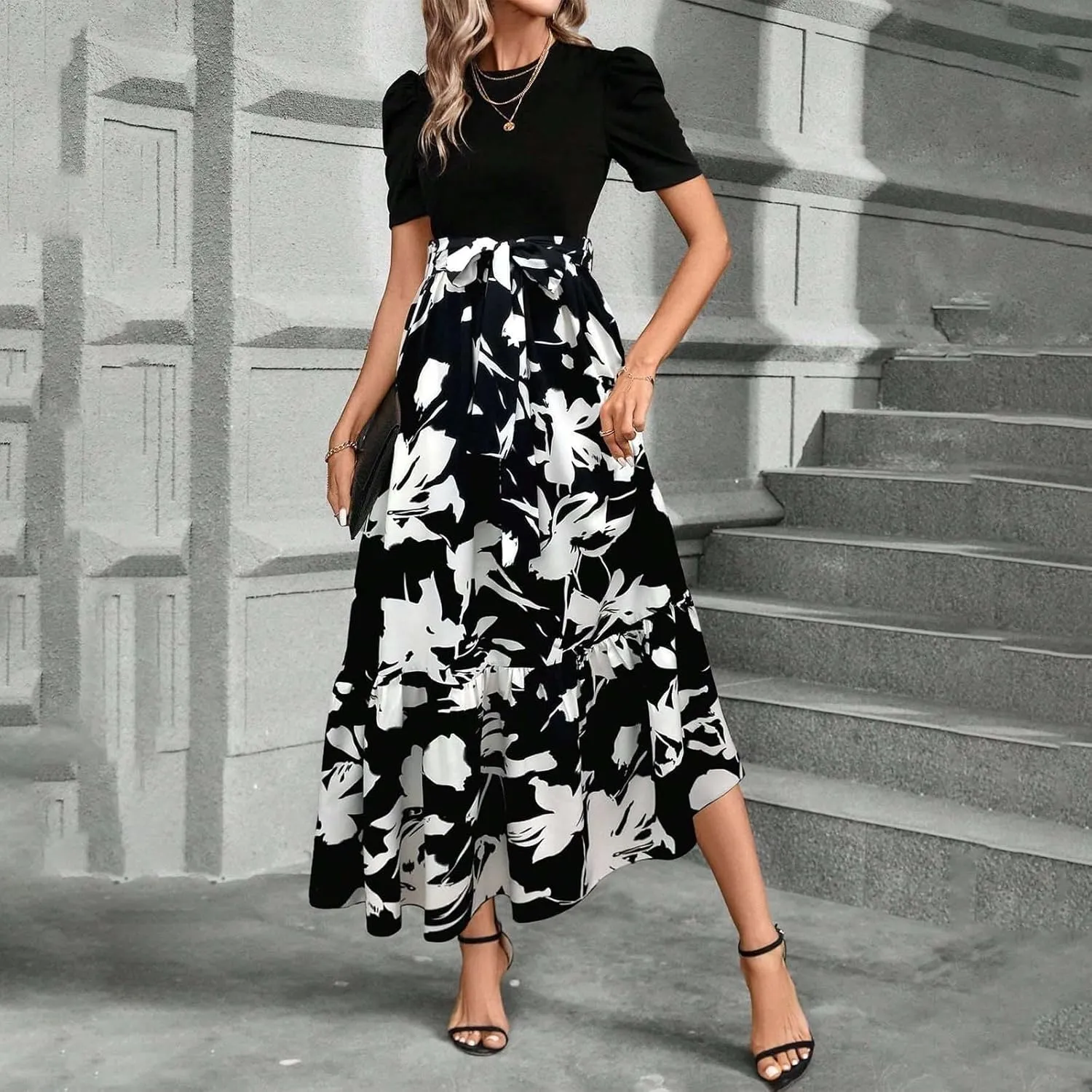 Maxi Dresses for Women 2025 Puff Sleeve Empire Waist Belted Patchwork Floral Dress A Line Long Flowy Work Dresses