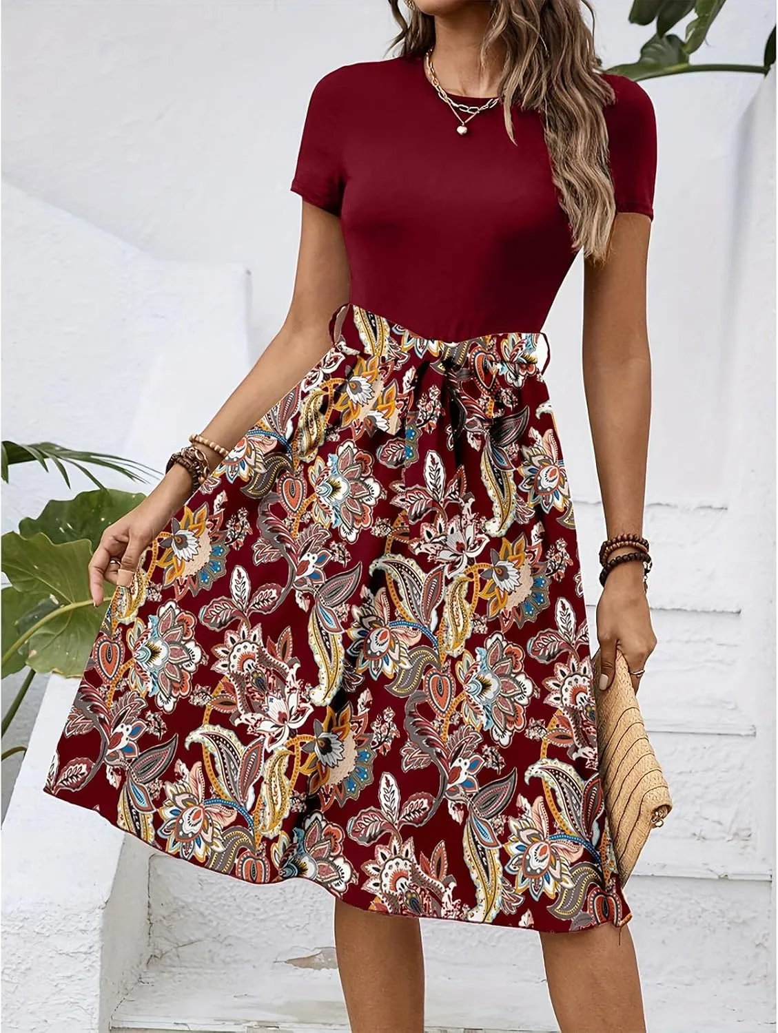 Short Sleeve Dress for Women Empire Waist Summer Floral Dresses Flowy Crewneck Midi Length Belted Women's Sundresses