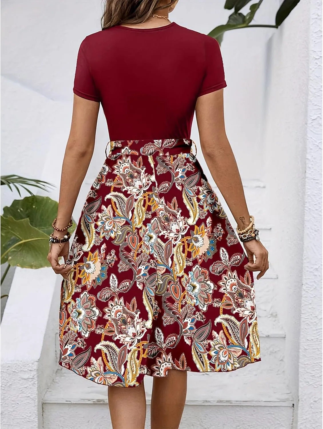 Short Sleeve Dress for Women Empire Waist Summer Floral Dresses Flowy Crewneck Midi Length Belted Women's Sundresses