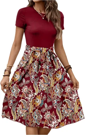 Short Sleeve Dress for Women Empire Waist Summer Floral Dresses Flowy Crewneck Midi Length Belted Women's Sundresses