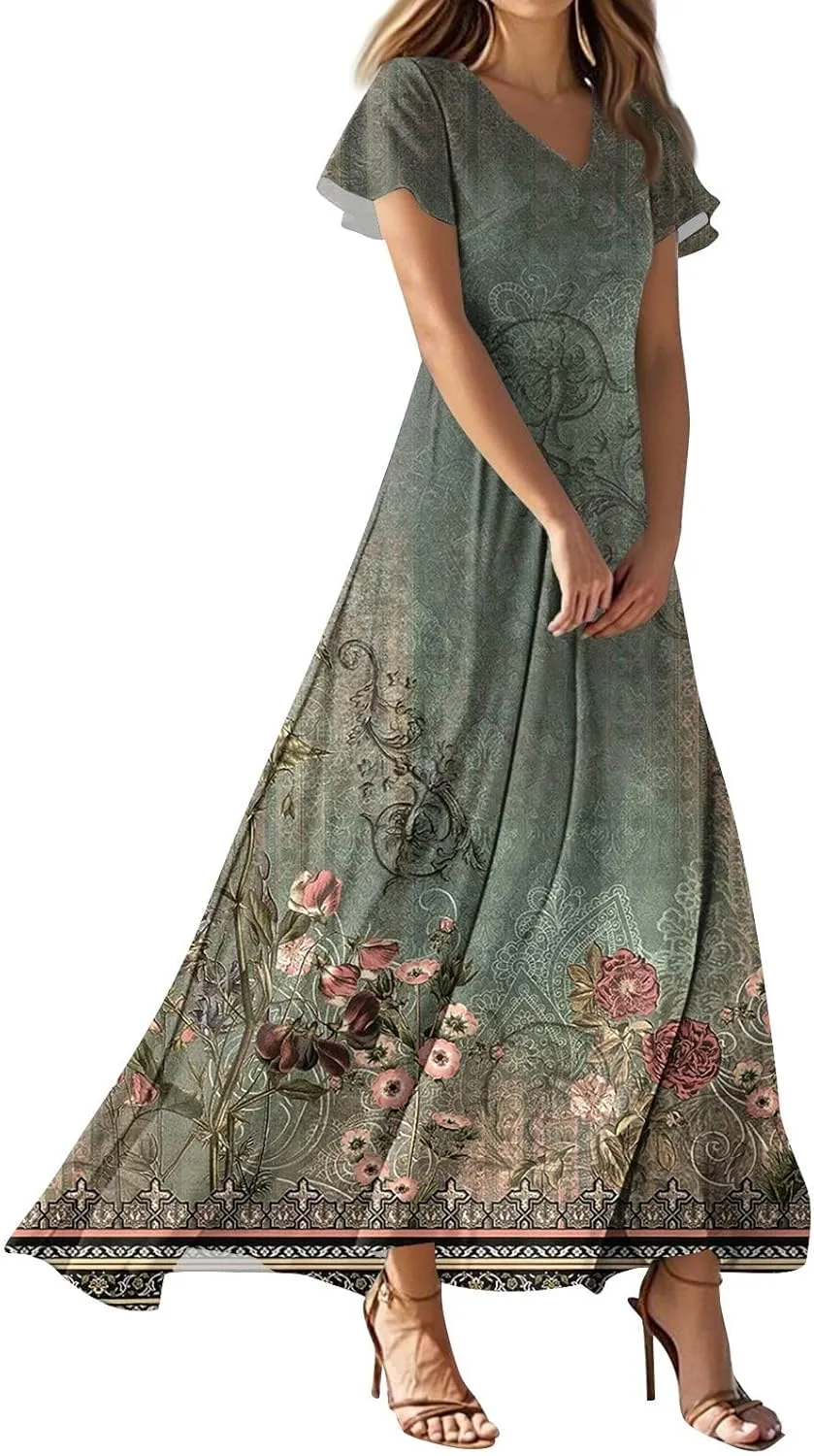 Summer Dresses for Women 2025 Elegant Classy Flowy Ruffle Swing V Neck A Line Dress Casual Boho Long Maxi Sundresses
