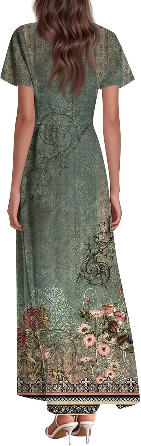 Summer Dresses for Women 2025 Elegant Classy Flowy Ruffle Swing V Neck A Line Dress Casual Boho Long Maxi Sundresses