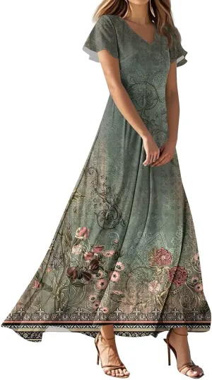 Summer Dresses for Women 2025 Elegant Classy Flowy Ruffle Swing V Neck A Line Dress Casual Boho Long Maxi Sundresses