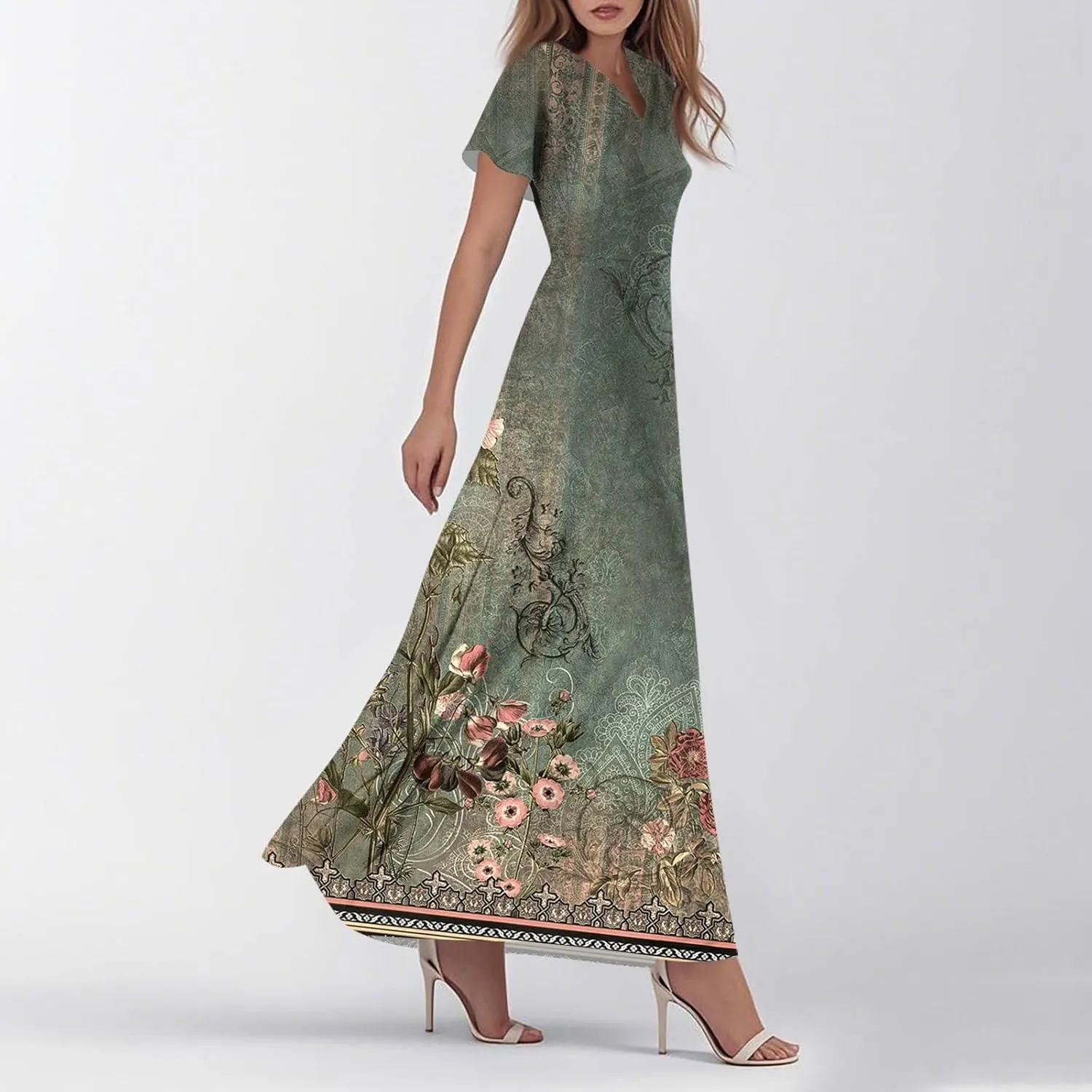 Summer Dresses for Women 2025 Elegant Classy Flowy Ruffle Swing V Neck A Line Dress Casual Boho Long Maxi Sundresses