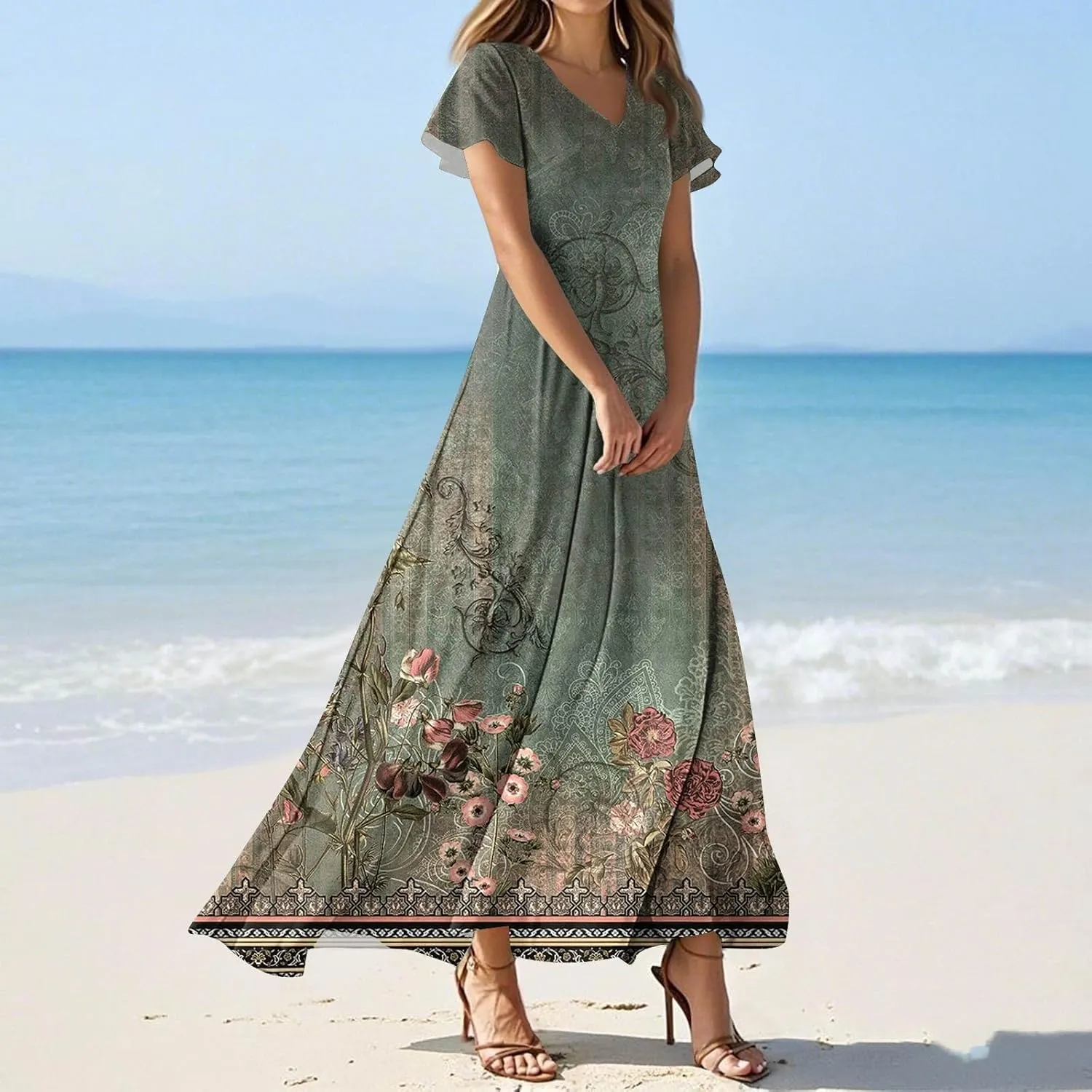 Summer Dresses for Women 2025 Elegant Classy Flowy Ruffle Swing V Neck A Line Dress Casual Boho Long Maxi Sundresses