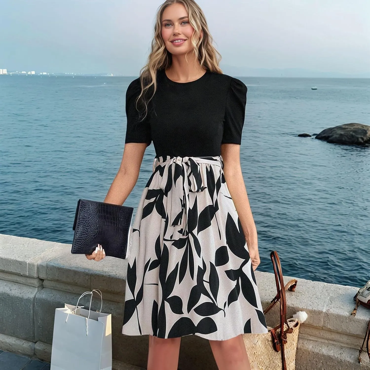Summer Dresses for Women 2025 Puff Short Sleeve Empire Waist Belted Knee Length Floral Dress A Line Flowy Tea Dresses