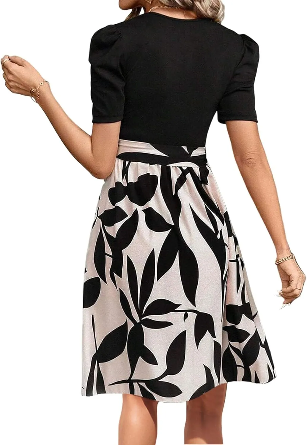 Summer Dresses for Women 2025 Puff Short Sleeve Empire Waist Belted Knee Length Floral Dress A Line Flowy Tea Dresses