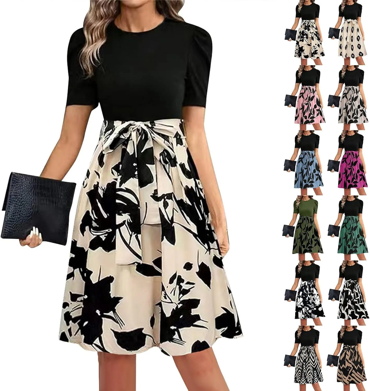 Summer Dresses for Women 2025 Puff Short Sleeve Empire Waist Belted Knee Length Floral Dress A Line Flowy Tea Dresses