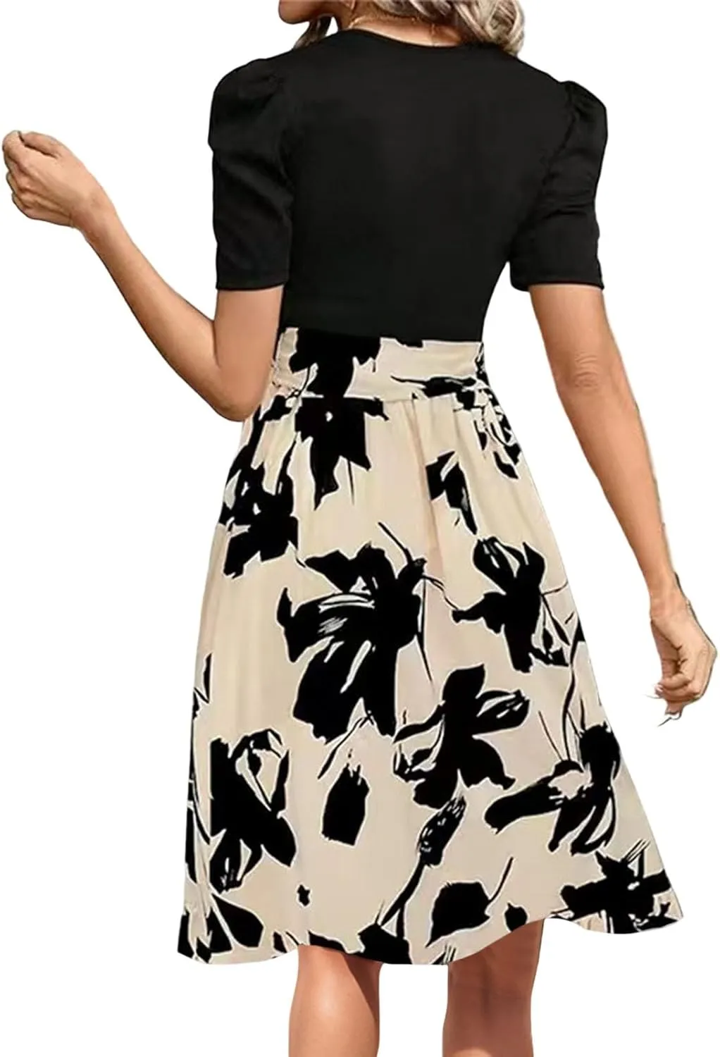 Summer Dresses for Women 2025 Puff Short Sleeve Empire Waist Belted Knee Length Floral Dress A Line Flowy Tea Dresses
