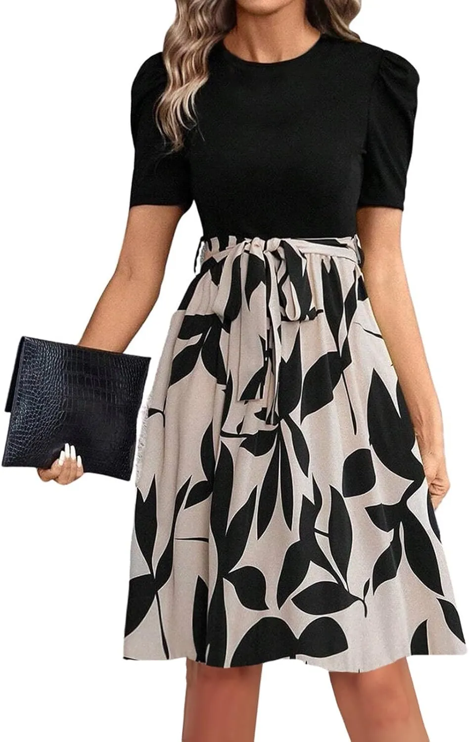 Summer Dresses for Women 2025 Puff Short Sleeve Empire Waist Belted Knee Length Floral Dress A Line Flowy Tea Dresses