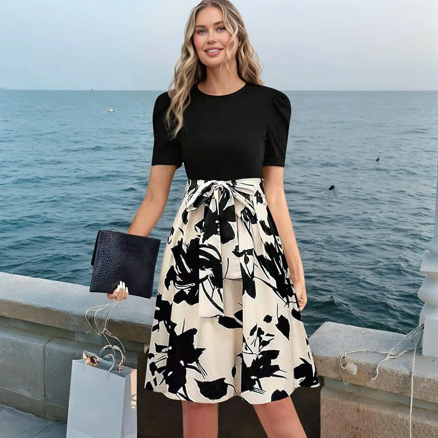 Summer Dresses for Women 2025 Puff Short Sleeve Empire Waist Belted Knee Length Floral Dress A Line Flowy Tea Dresses