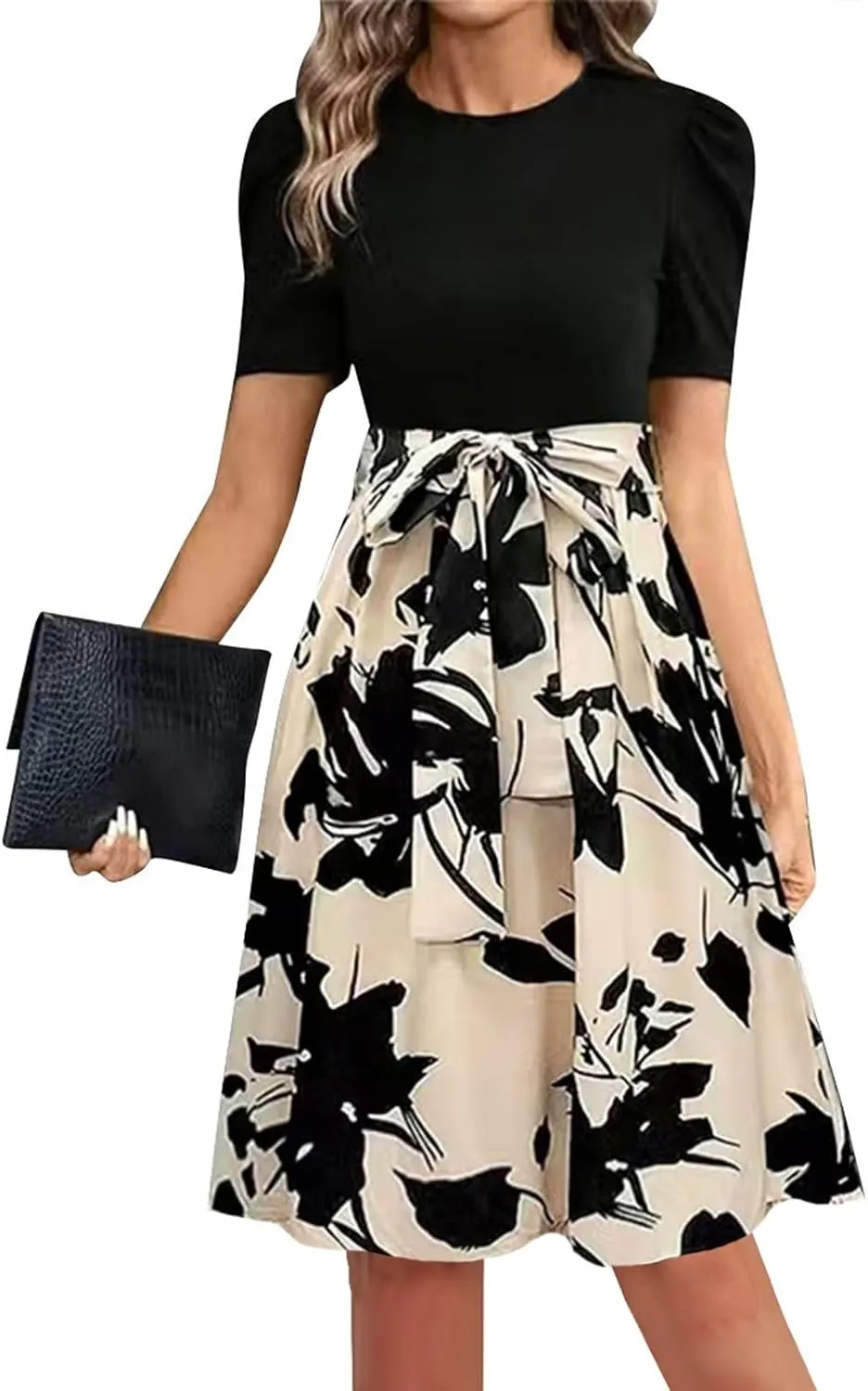 Summer Dresses for Women 2025 Puff Short Sleeve Empire Waist Belted Knee Length Floral Dress A Line Flowy Tea Dresses