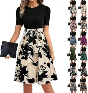 Summer Dresses for Women 2025 Puff Short Sleeve Empire Waist Belted Knee Length Floral Dress A Line Flowy Tea Dresses