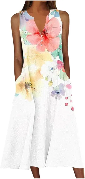 Sundress for Women Sleeveless Tank Dresses 2025 Vacation Plus Size Dress Casual Button V Neck Boho Floral Beach Dress