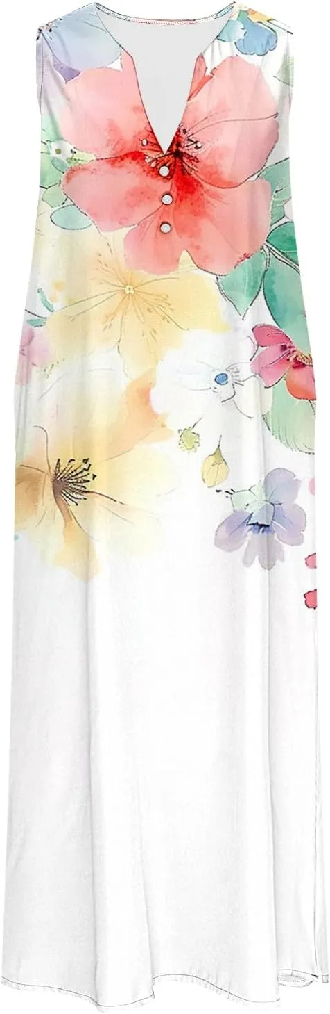 Sundress for Women Sleeveless Tank Dresses 2025 Vacation Plus Size Dress Casual Button V Neck Boho Floral Beach Dress