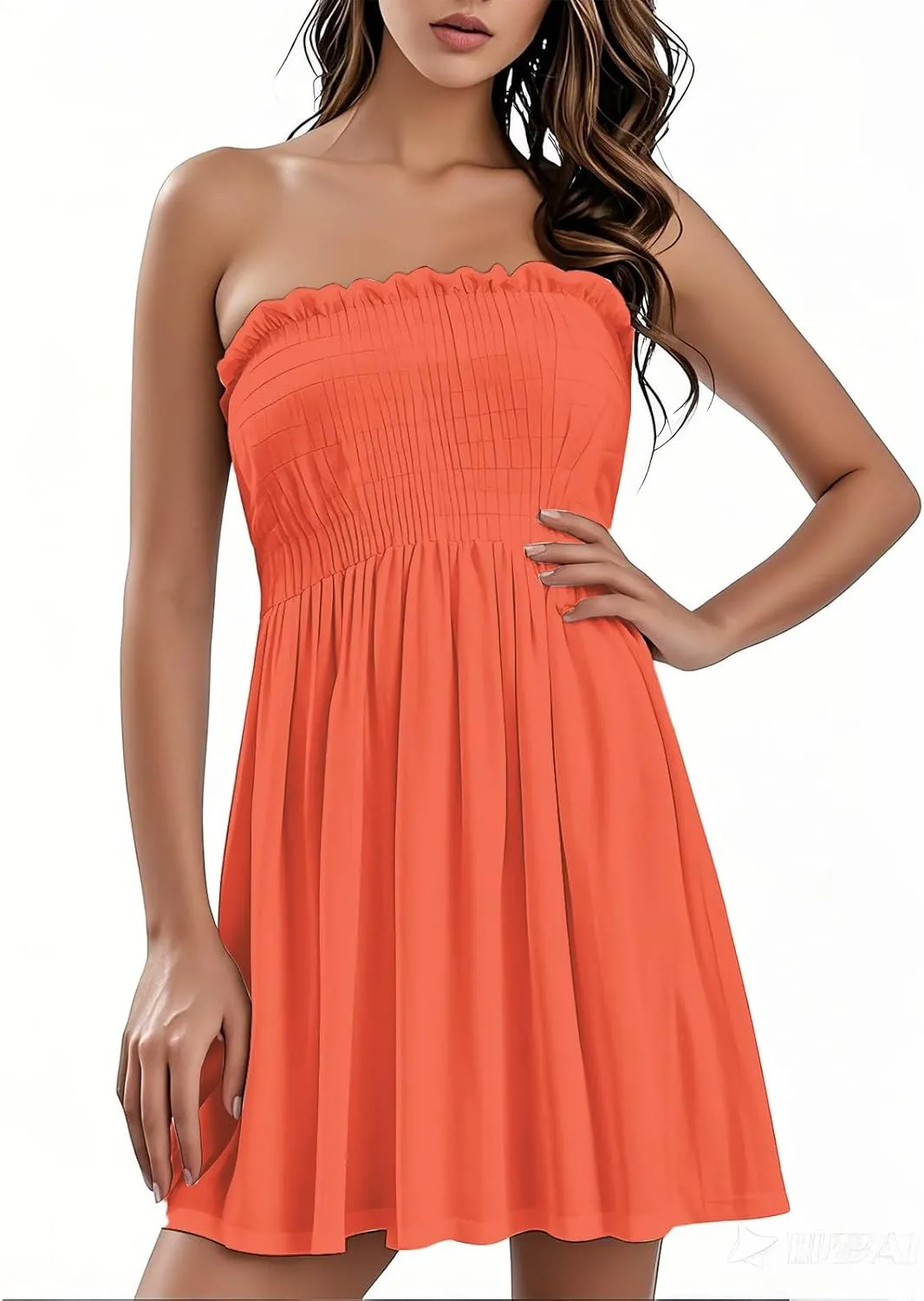 Tube Dresses for Women, Summer Strapless Smocked Dress Casual Vacation Ruffle Mini Dress Beach Cover Ups Sundresses