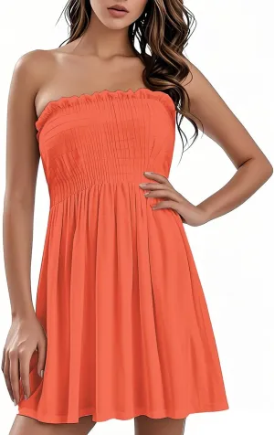 Tube Dresses for Women, Summer Strapless Smocked Dress Casual Vacation Ruffle Mini Dress Beach Cover Ups Sundresses