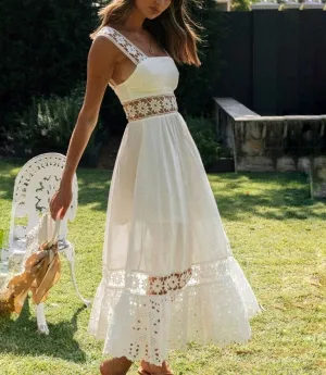 Vestido de Festa c/Renda Floral Midi Branco Algodão