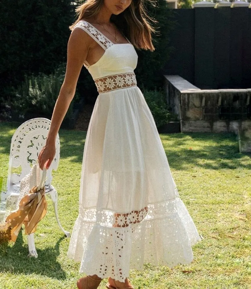 Vestido de Festa c/Renda Floral Midi Branco Algodão