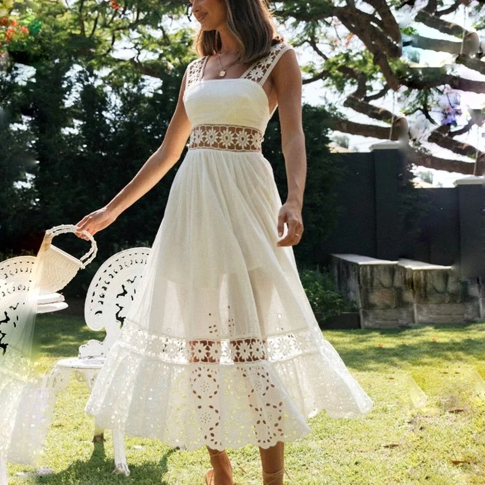 Vestido de Festa c/Renda Floral Midi Branco Algodão
