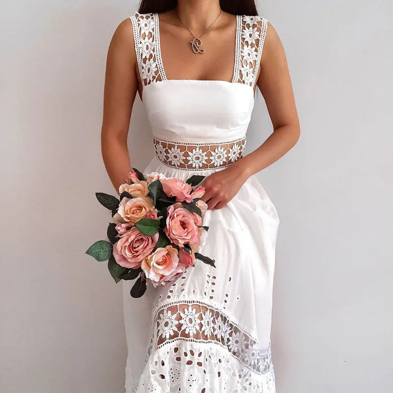 Vestido de Festa c/Renda Floral Midi Branco Algodão